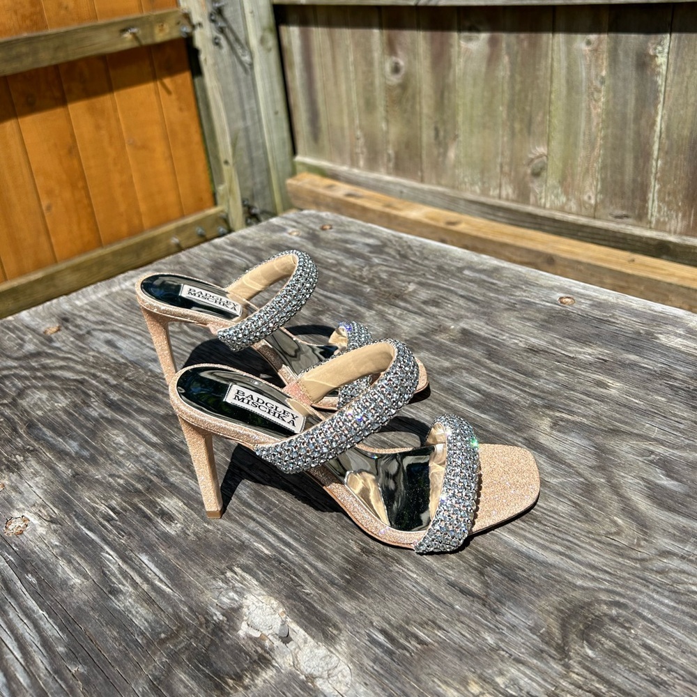 - Badgley Mischka Sade Jeweled Double-Band Stilettos Heels 7 Rhinestone Gold